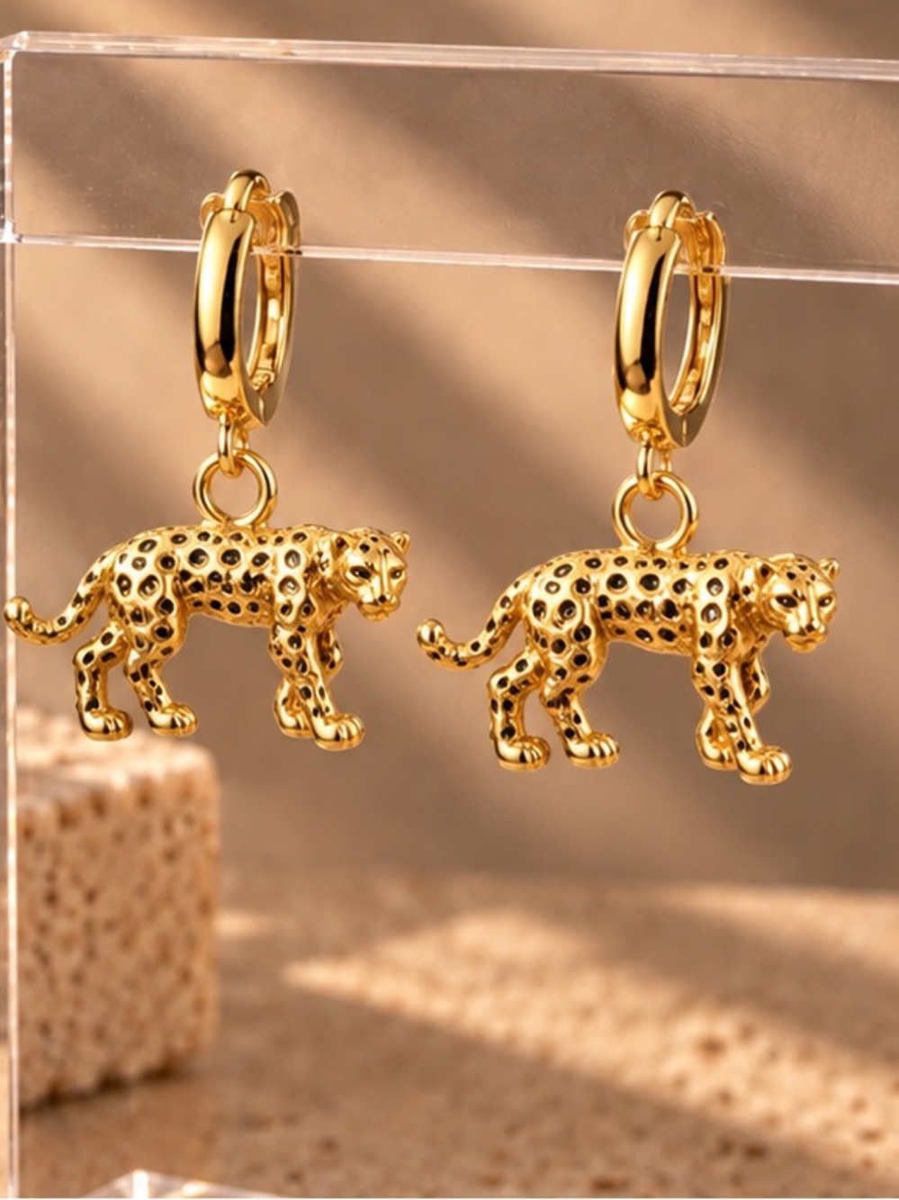 Gold Panther Drop Hoop Earrings